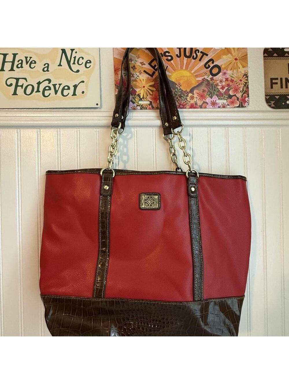 Red Brown Croc Embossed Chain Strap Tote Bag